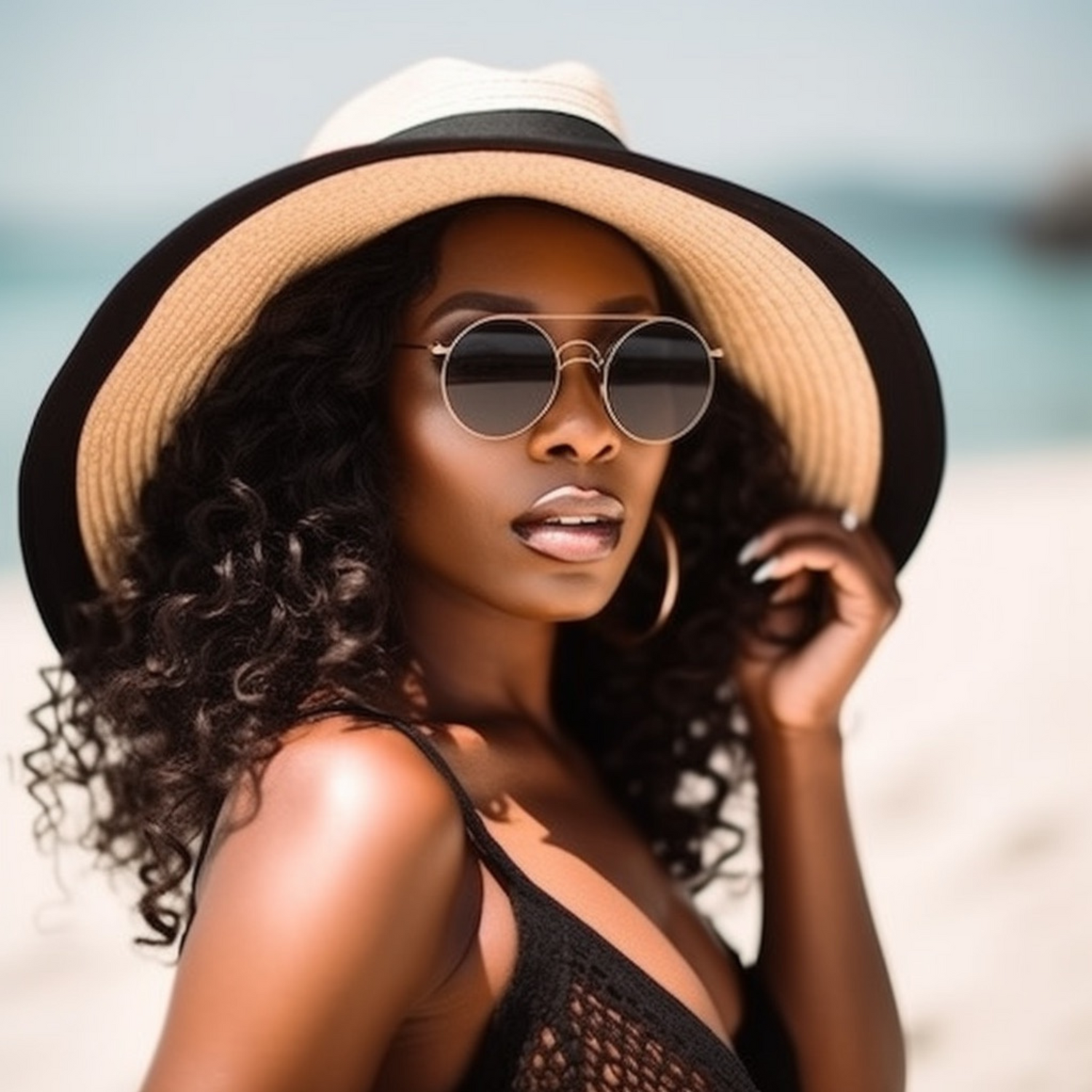 Woman Wearing Sunglasses and Hat on the Beach
